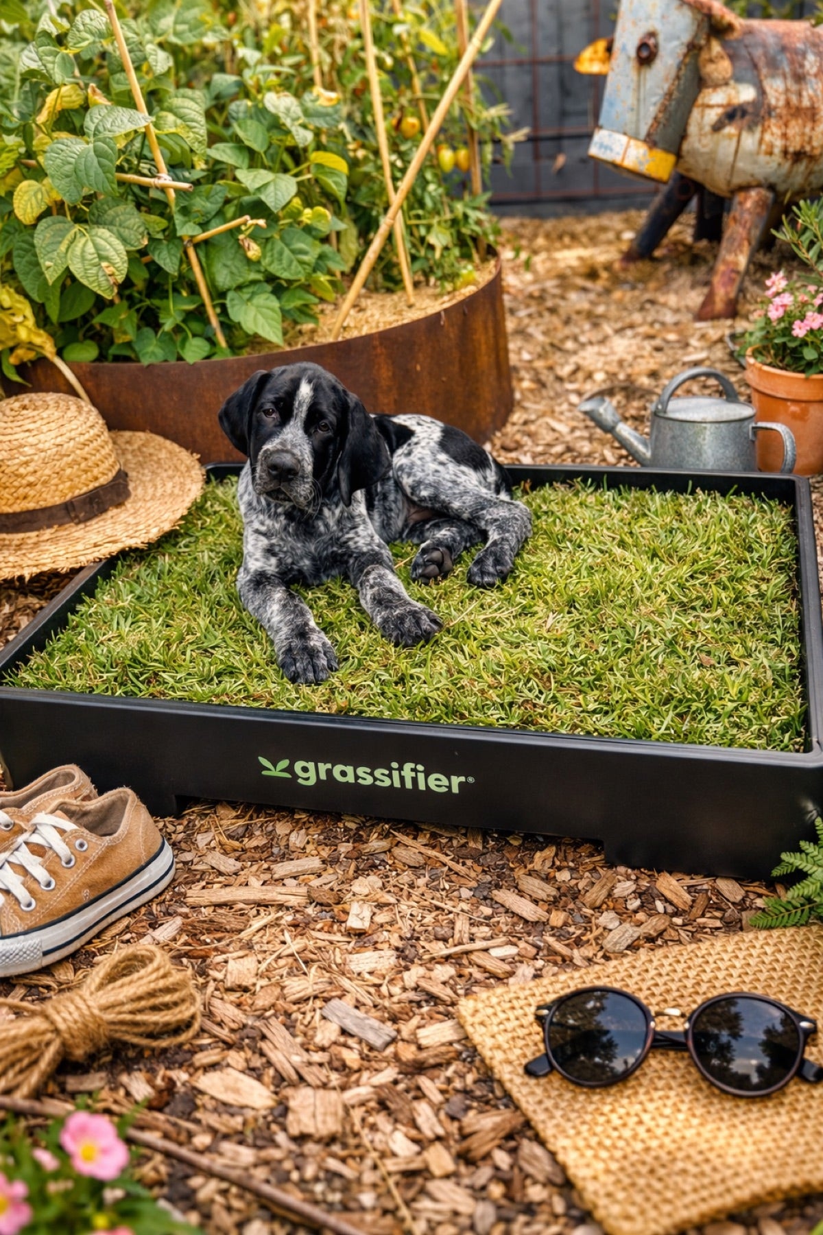 A pointer puppy lying on the thick green grass of a Grassifier in a garden