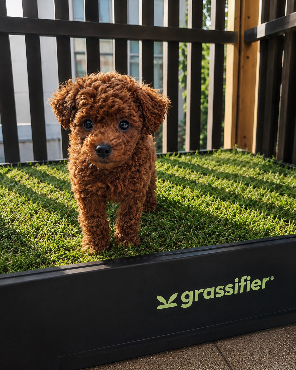 A cavoodle puppy standing on the real grass of a Grassifier potty on a balcony